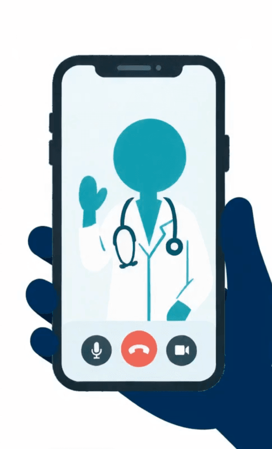 A patient holds their phone showing a doctor waving during a video consultation, with mute, end-call and camera controls.