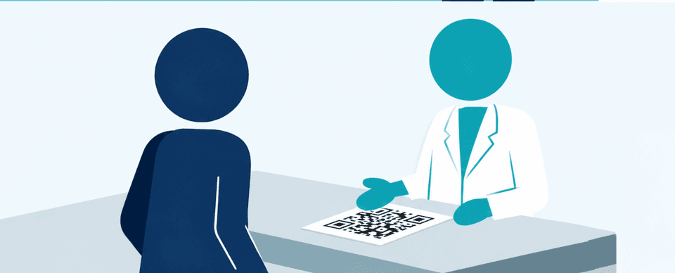 A pharmacist in a white coat places a Neem QR code on the counter for a waiting patient.